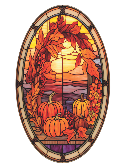 Pumpkins with leaves border faux stained glass Orange and Burgundy Oval Sign