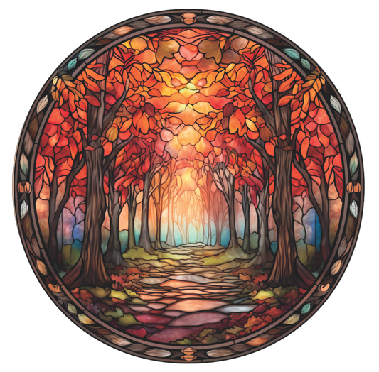 Path of Fall Trees Faux Stained Glass Round