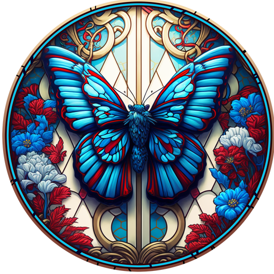 Red and Blue Butterfly Faux Stained Glass Round
