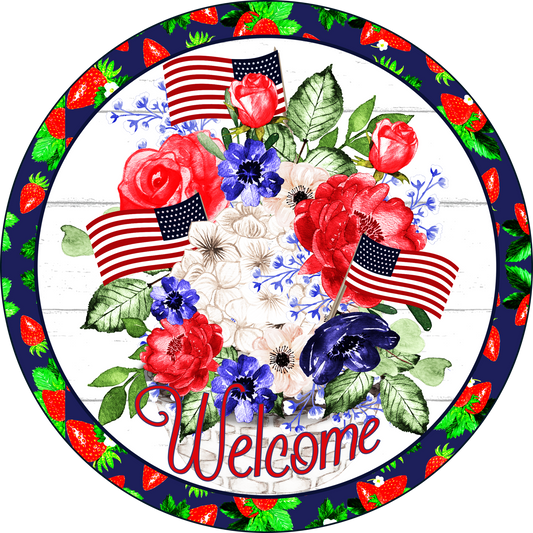 Patriotic Flowers And Flags Round Sign