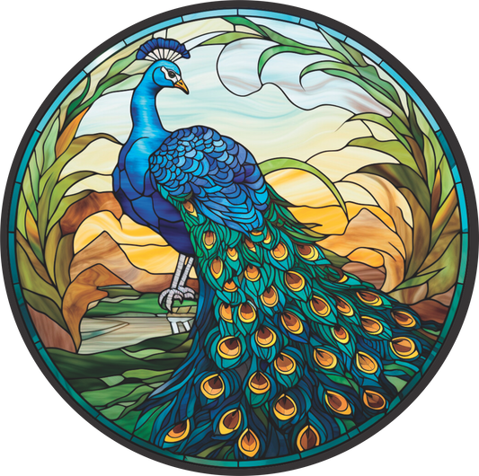 Peacock at Sunset in Stained Glass Faux Stained Glass Wreath Sign Round
