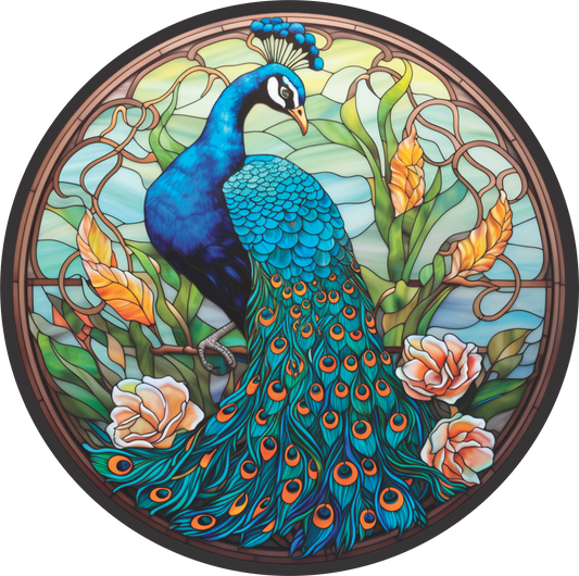 Peacock with Florals in Faux Stained Glass Wreath Sign Round