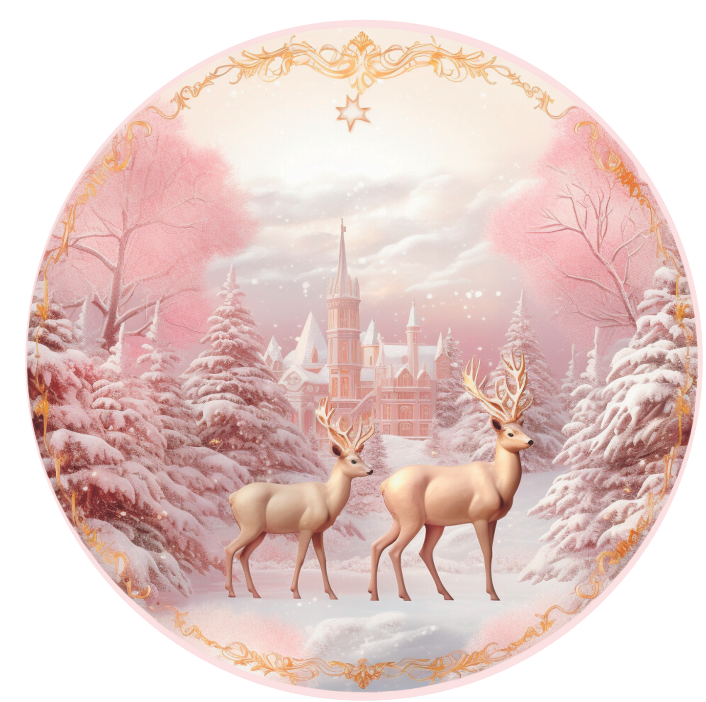 Pink and gold Christmas with Gold Frame Round Sign