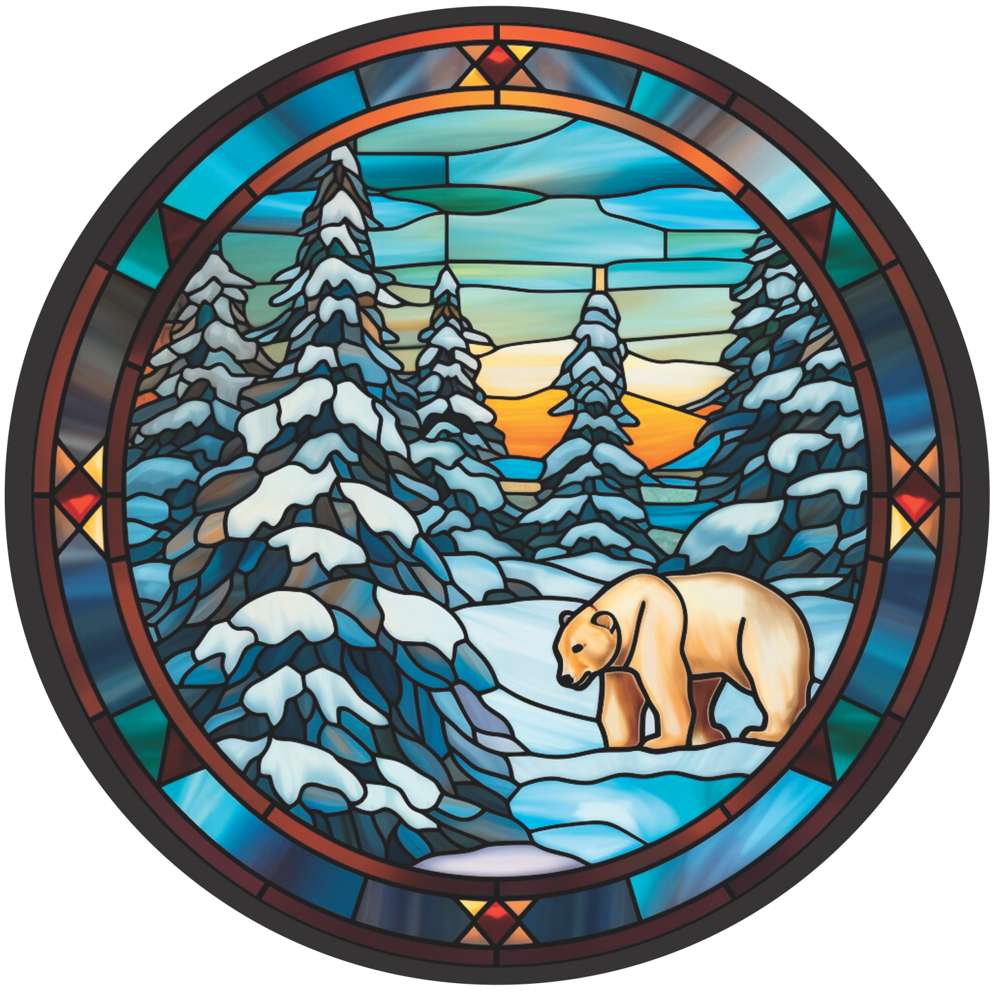 Polar Bear in Snow Stained Glass Round Sign