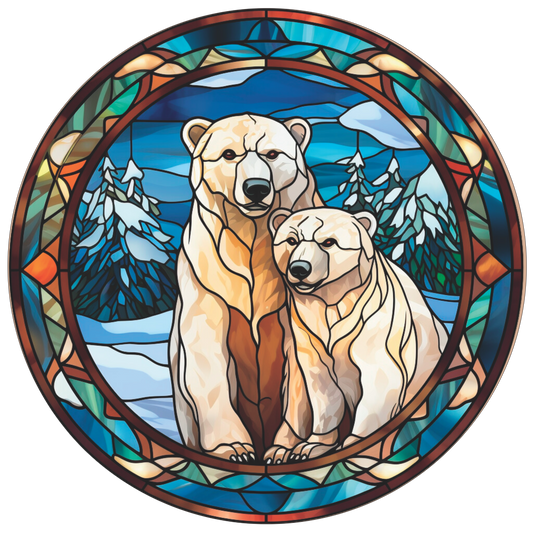 Polar Bear Mom and Baby Faux Stained Glass Look Wreath Sign Round