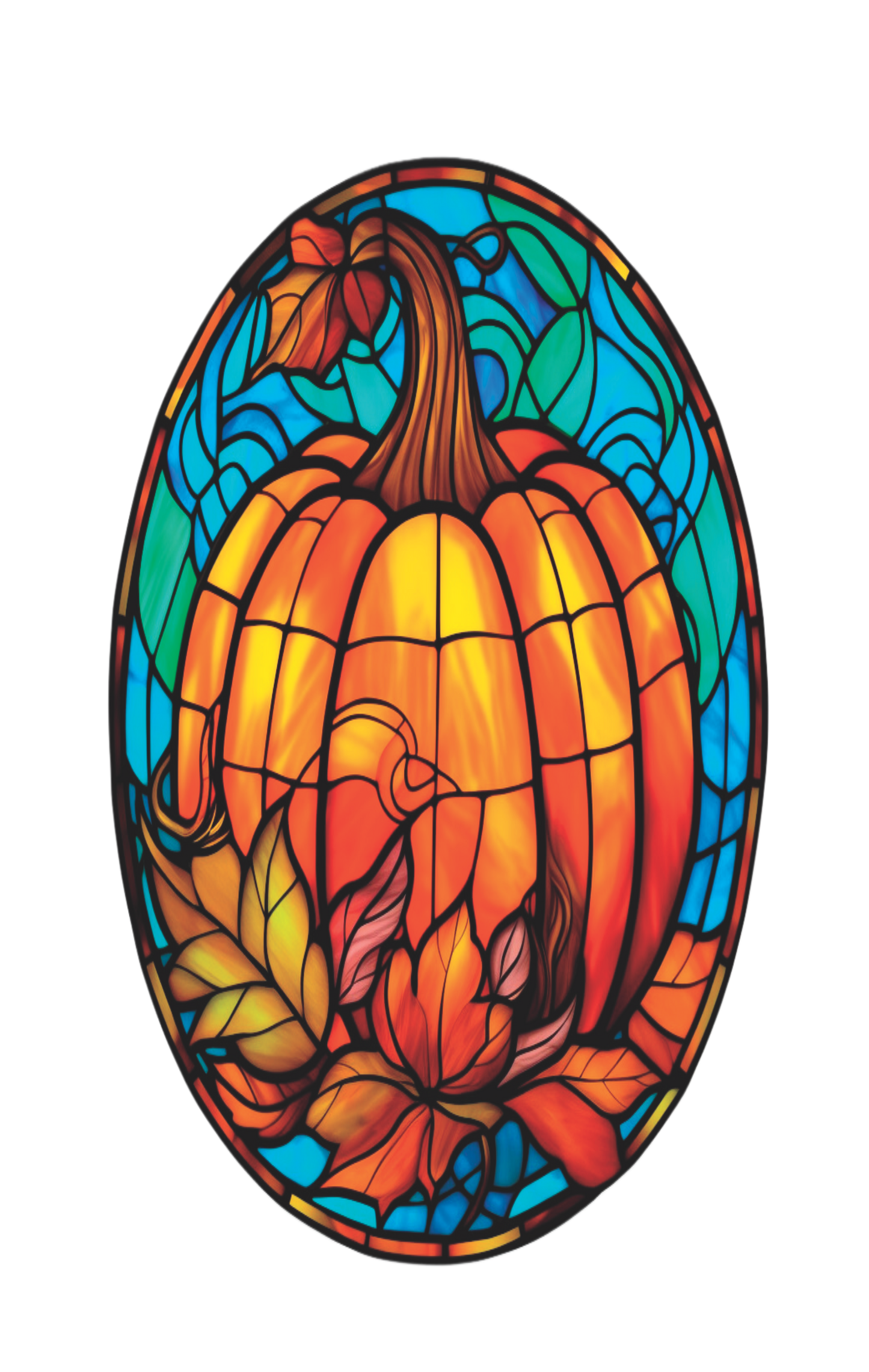 Large Pumpkin in orange and turquoise faux stained glass Oval Sign