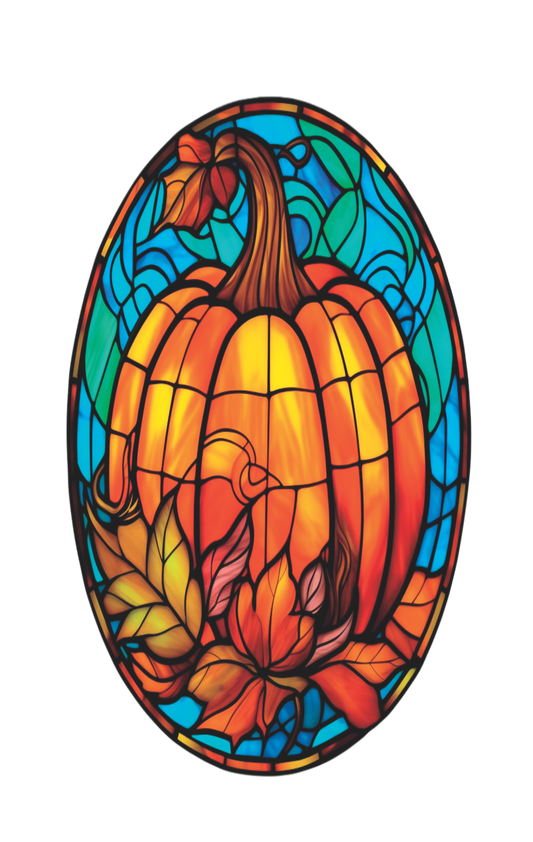 Large Pumpkin in orange and turquoise faux stained glass Oval Sign