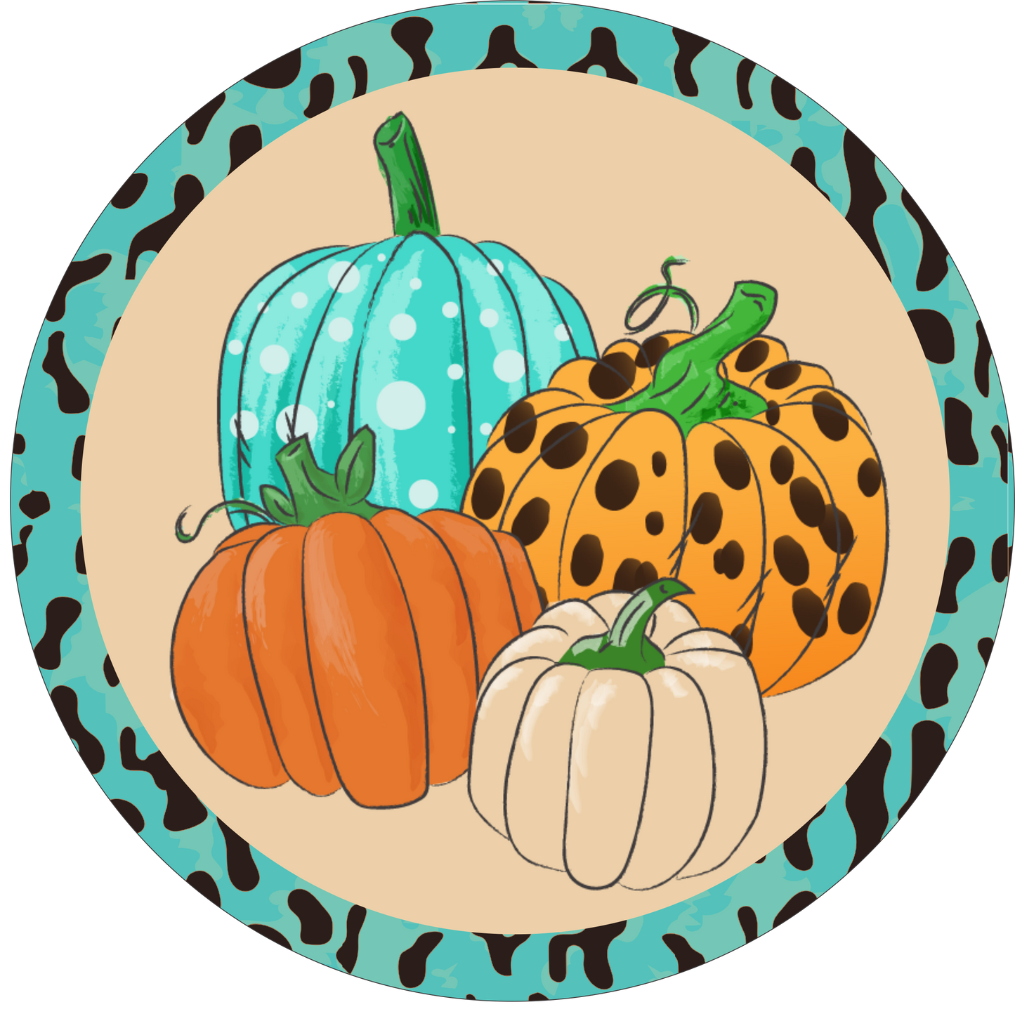 Turquoise Leopard Print and Patterned Pumpkins Round