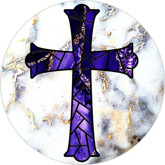 Purple Cross White Marble Stained Glass Look Wreath Sign Round