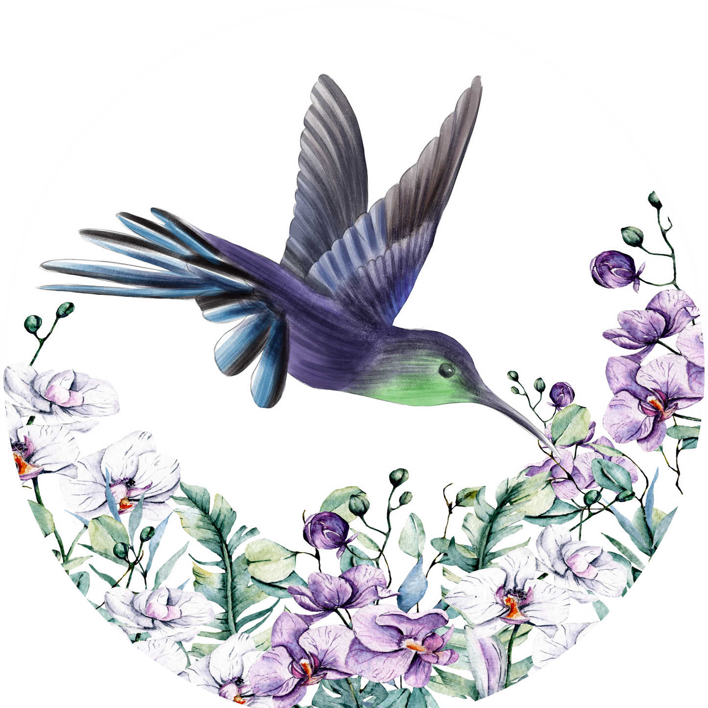 Purple Flowers Hummingbird Round