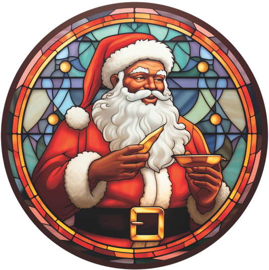 Santa in Faux Stained Glass Multicolor Round Sign