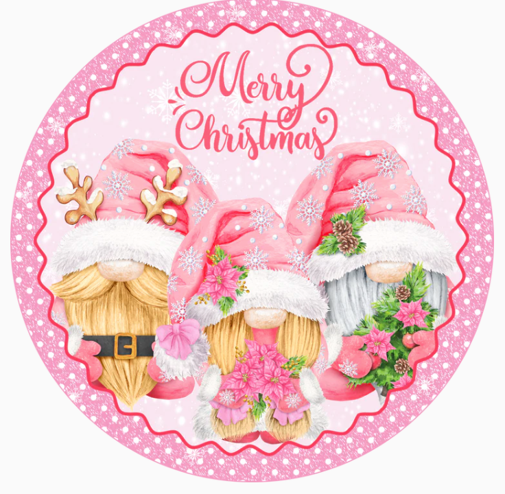 Pink Merry Christmas Gnome Round