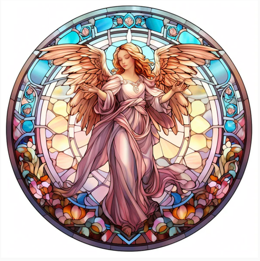 Angel in Rose Gold Faux Stained Glass Look Wreath Sign Round