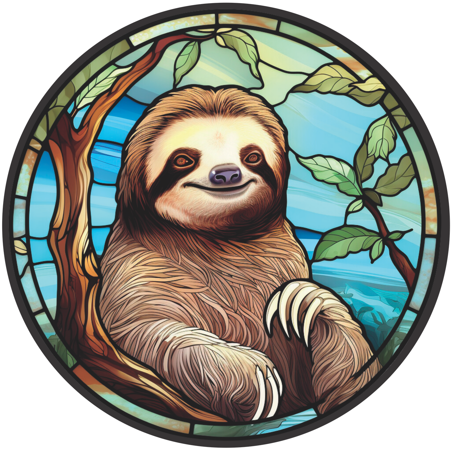Sloth Relaxing in a Tree in Stained Glass Wreath Sign Round