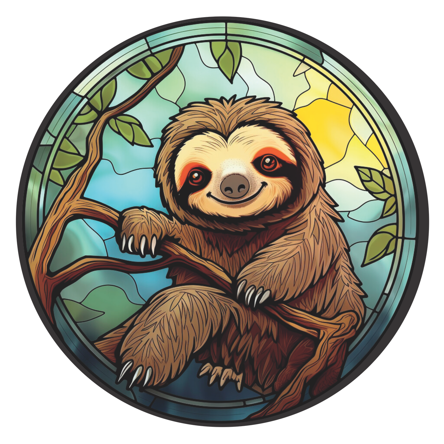 Sloth Sitting in a Tree in Stained Glass Wreath Sign Round