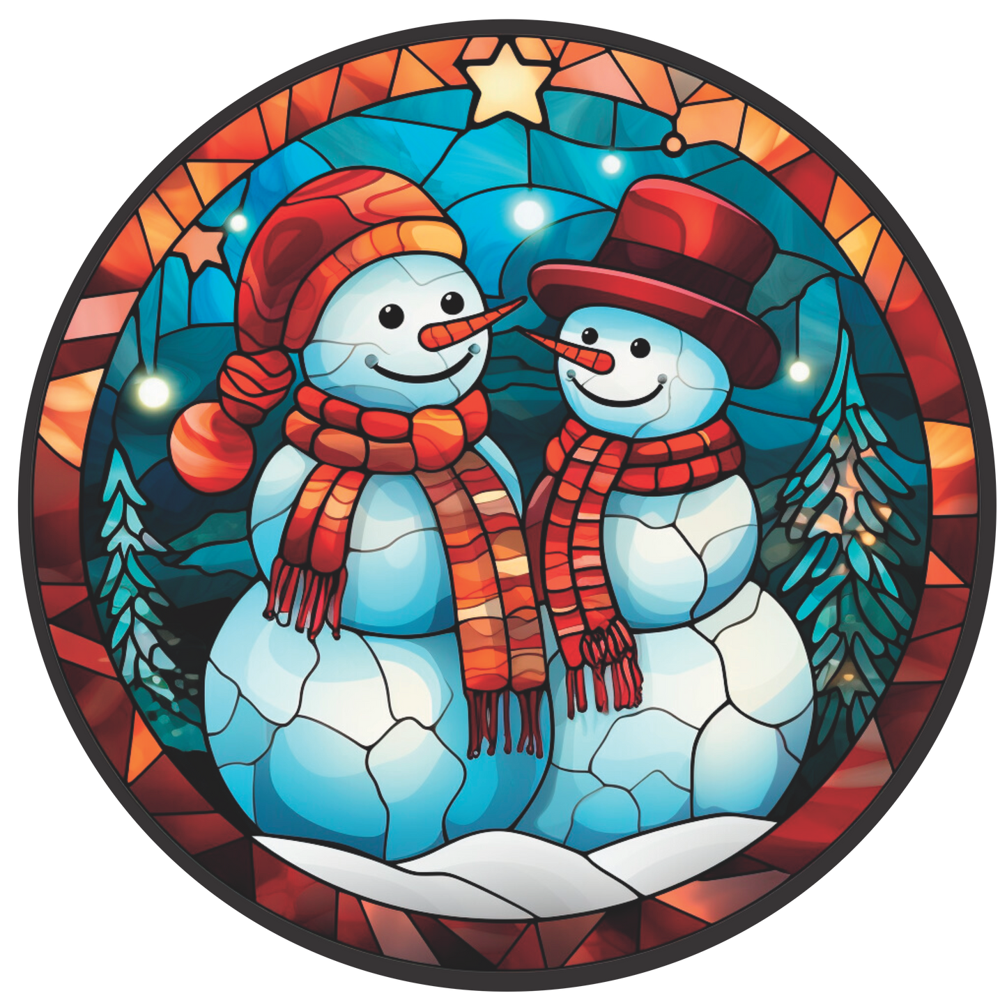 Snowman Couple in Stained Glass Round Sign