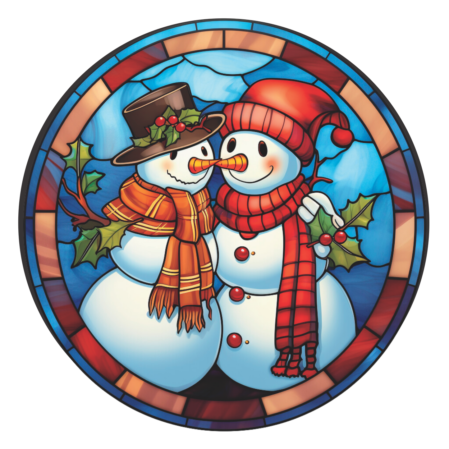 Snowman Couple Touching Nose in Stained Glass Round Sign