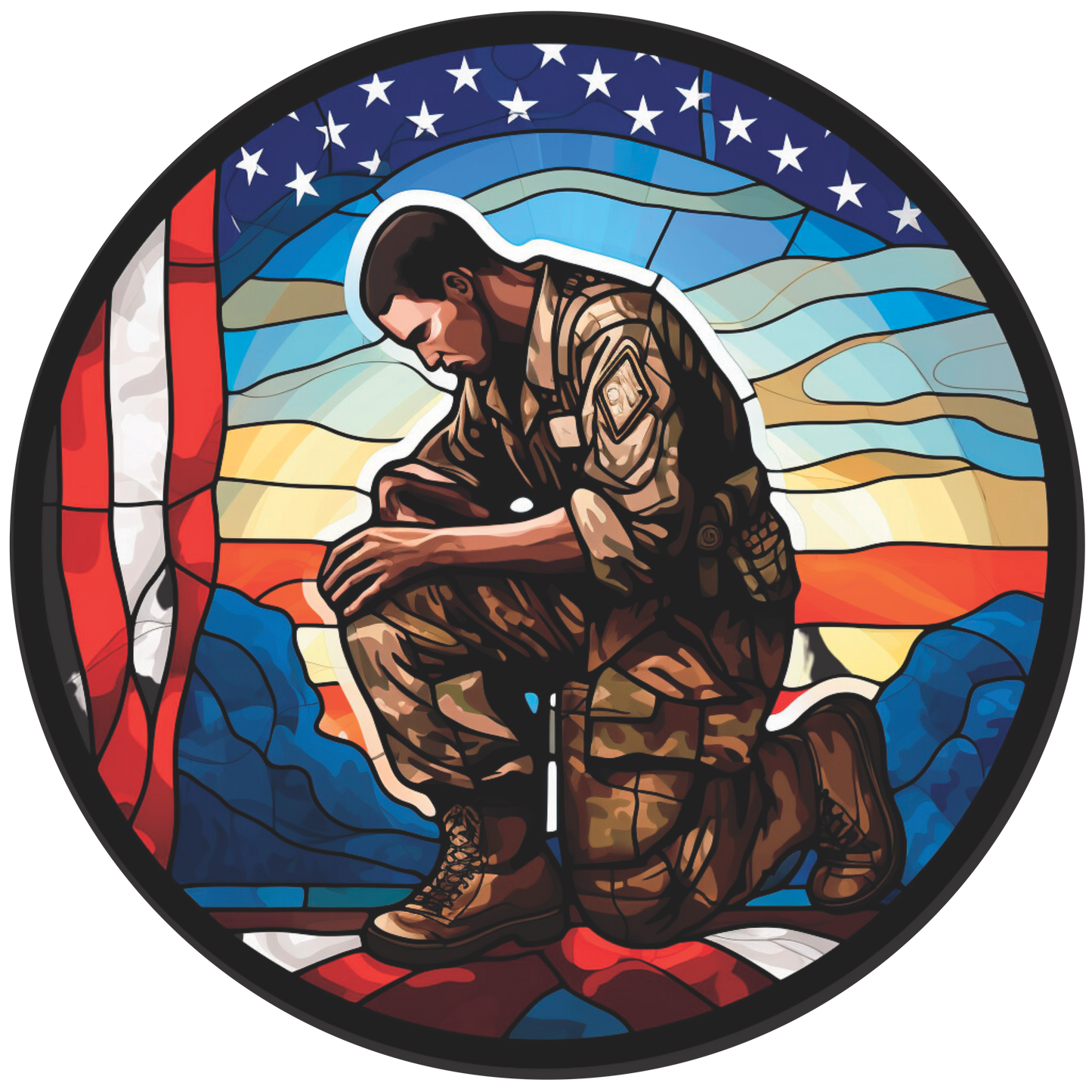 Solder Kneeling in Front of a Flag Stained Glass Wreath Sign Round