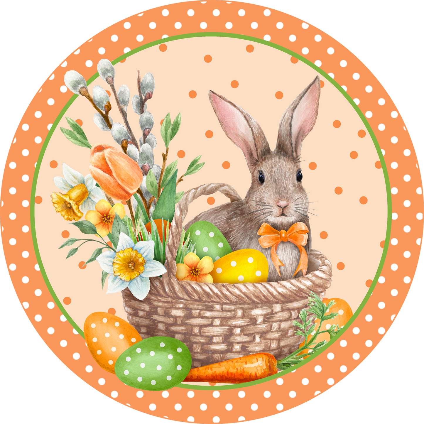 Spring Bunny in Basket Orange Round