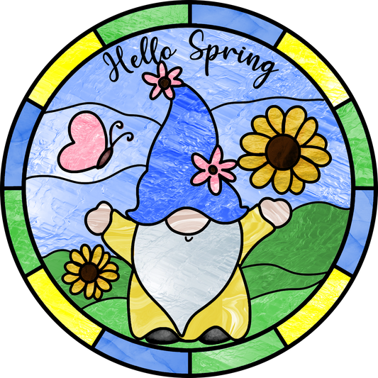 Spring Gnome Stained Glass Look Wreath Sign Round