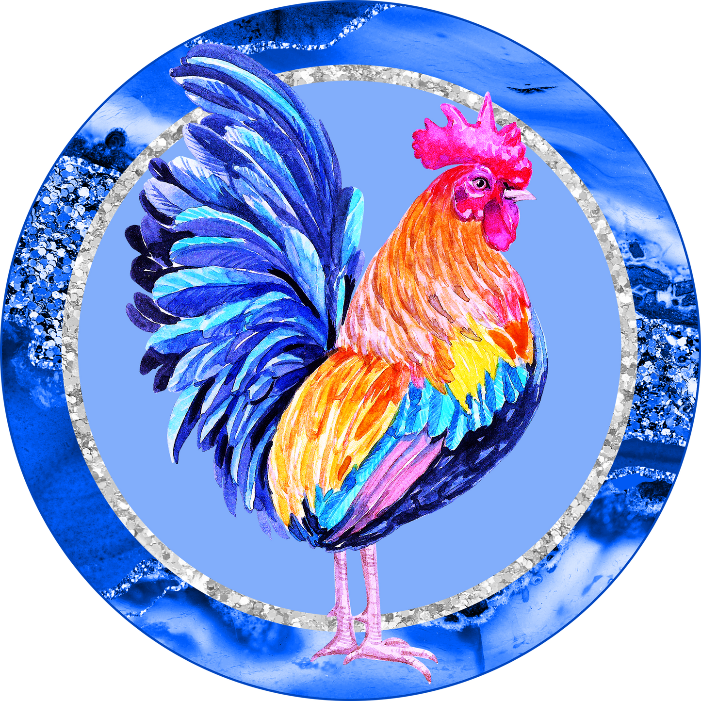 Spring Rooster Blue Pink Stained Glass Round