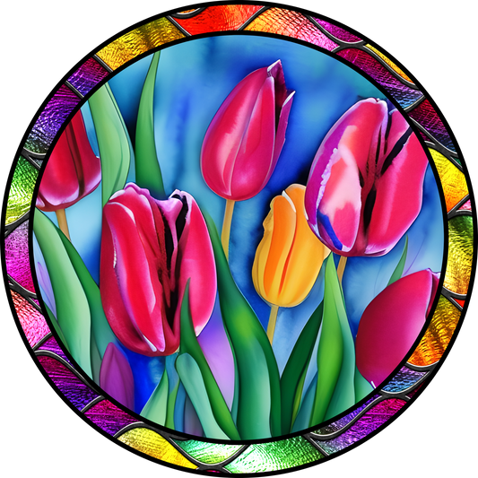 Spring Tulips Stained Glass Look Wreath Sign Round