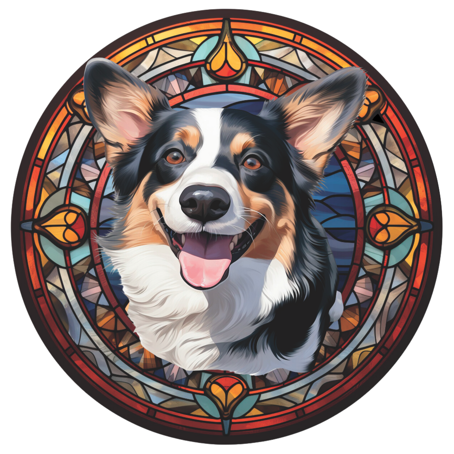 Black and white Corgi Faux Stained Glass Look Wreath Sign Round