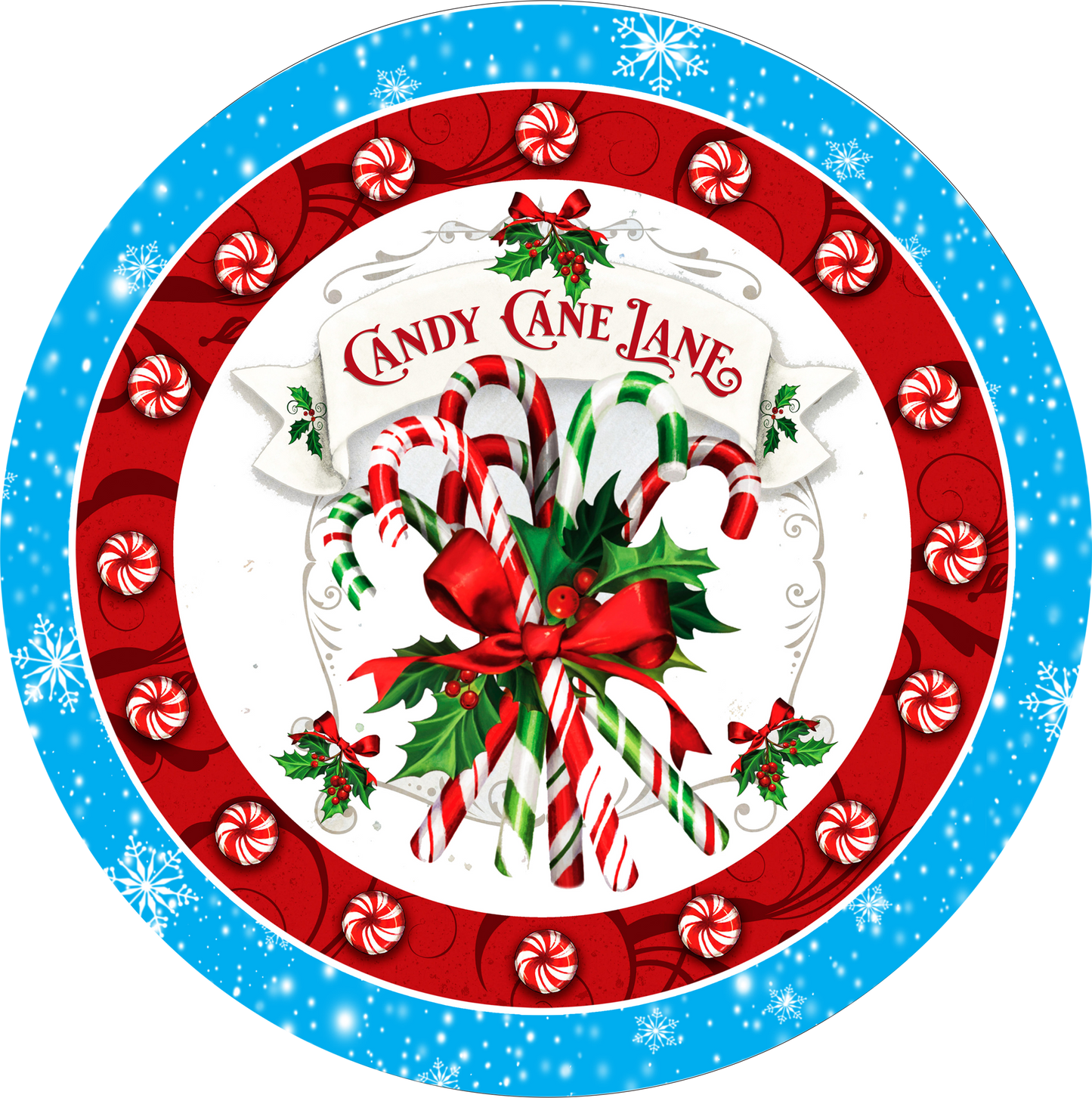 Turquoise and red Candy Cane Lane wreath Sign Round