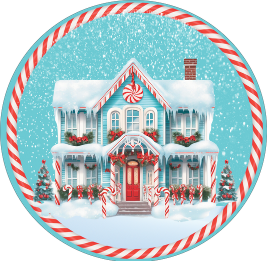 Turquoise House with Red and White Candy Stripes Round