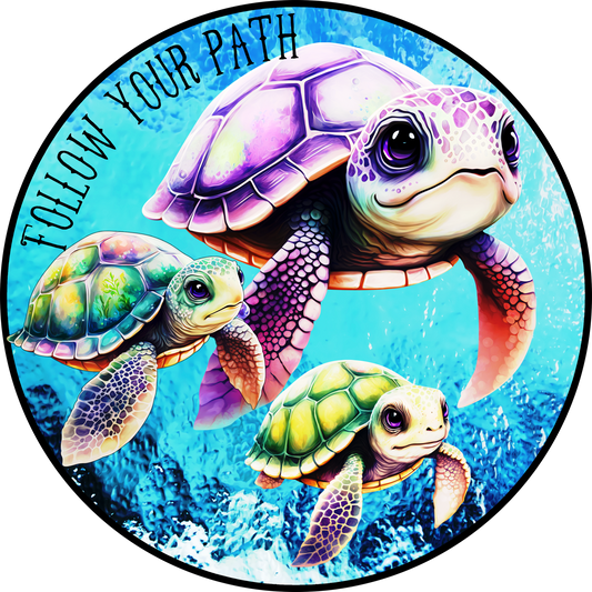 Turtles In The Ocean Follow Path Stained Glass Round