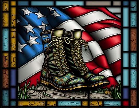 American Flag Combat Boots Faux Stained Glass Sign 9x7