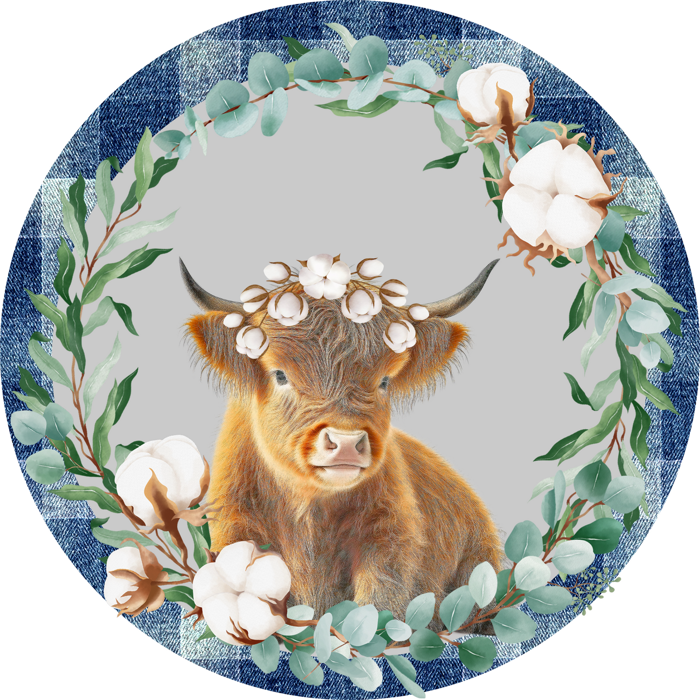 Highland Cow Cotton Denim Round