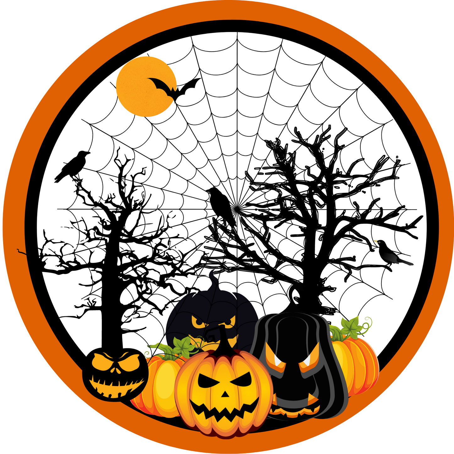Halloween Orange and Black Pumpkin, dead trees, spider web and crows sign