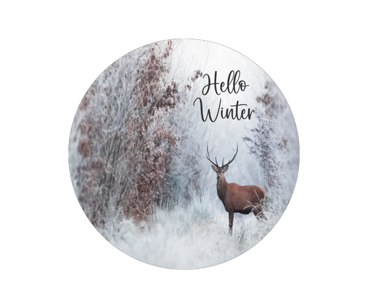 Hello Winter with Deer wreath Sign Round
