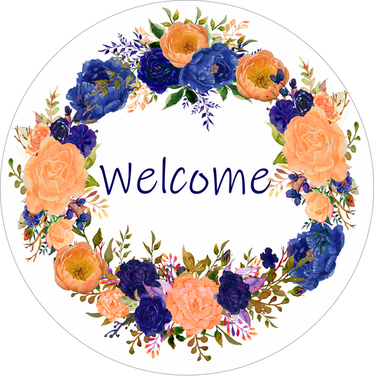 Floral Wreath Blue and Orange/Peach Flowers Sign