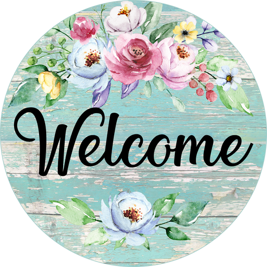 Welcome Pink Blue Flowers Round