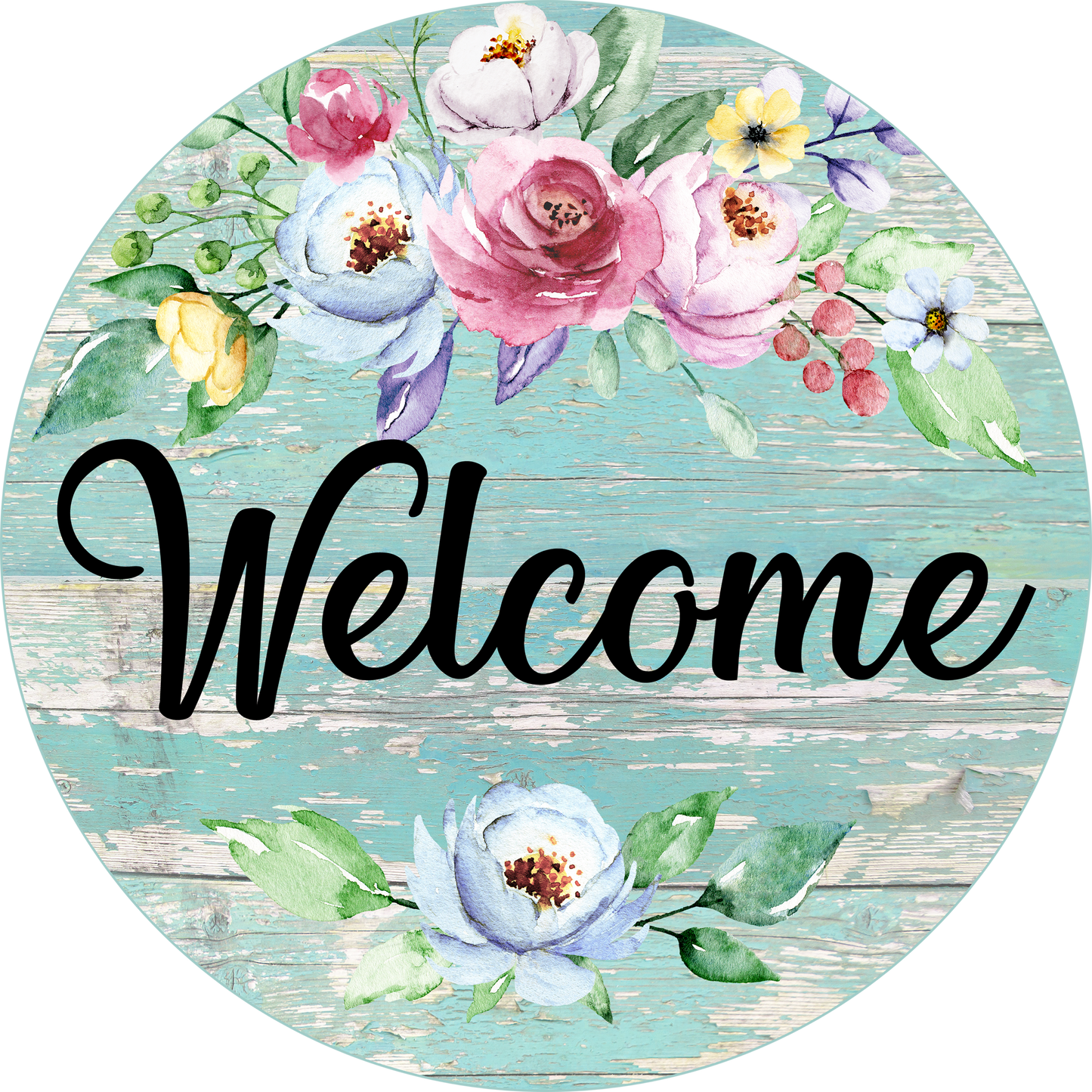 Welcome Pink Blue Flowers Round