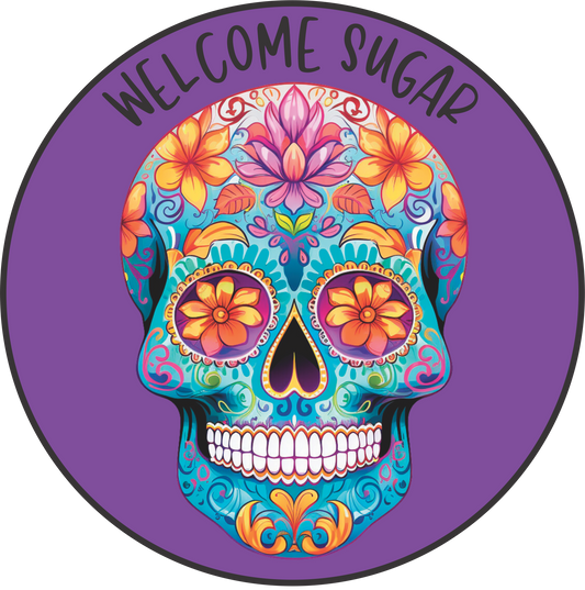 Welcome Sugar Colorful Sugar Skull in blue and marigold Round Sign
