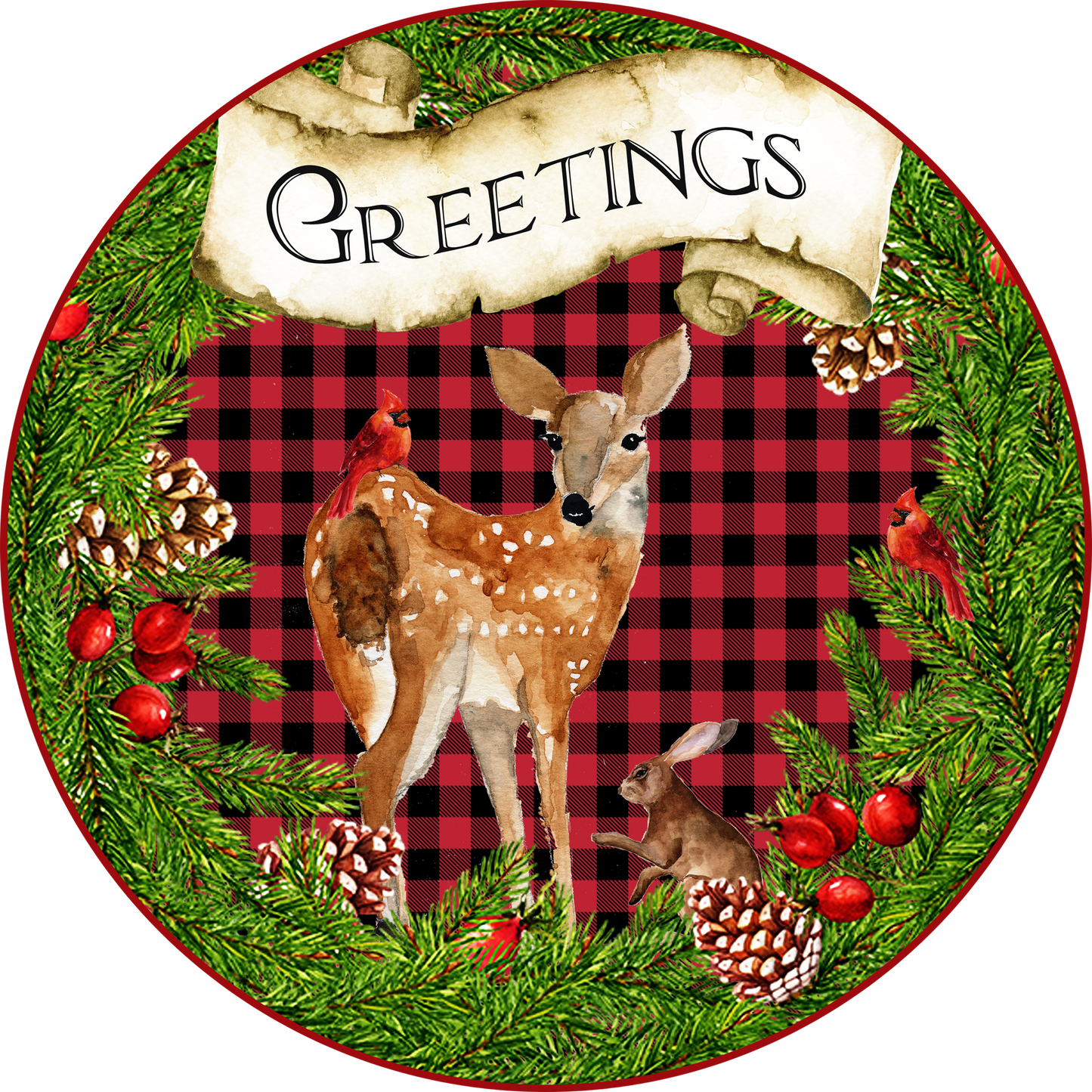 Red and Black Greetings with deer wreath Sign Round