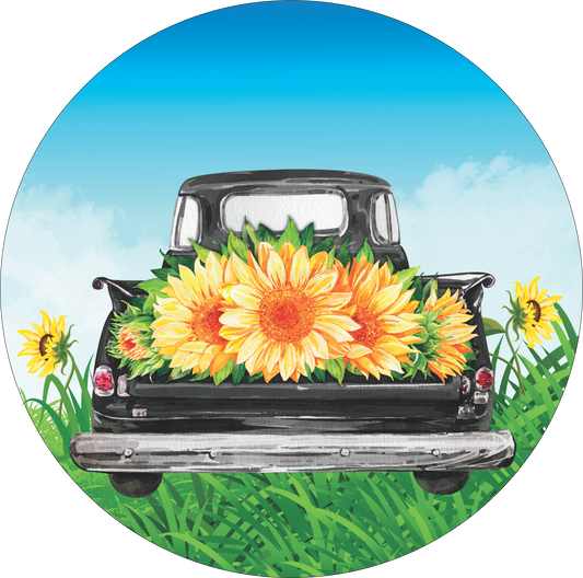 Black truck in sunflowers Sign Round