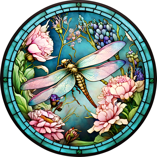 Turquoise Dragonfly Faux Stained Glass Round