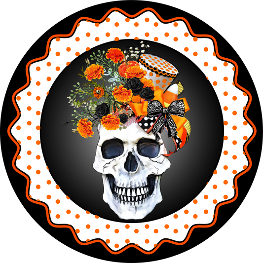Halloween Skull with orange, black and white polka dots Round Sign