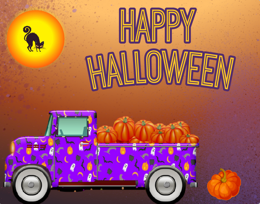 Happy Halloween truck with pumpkins