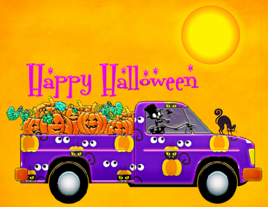 Happy Halloween truck with skeleton sign