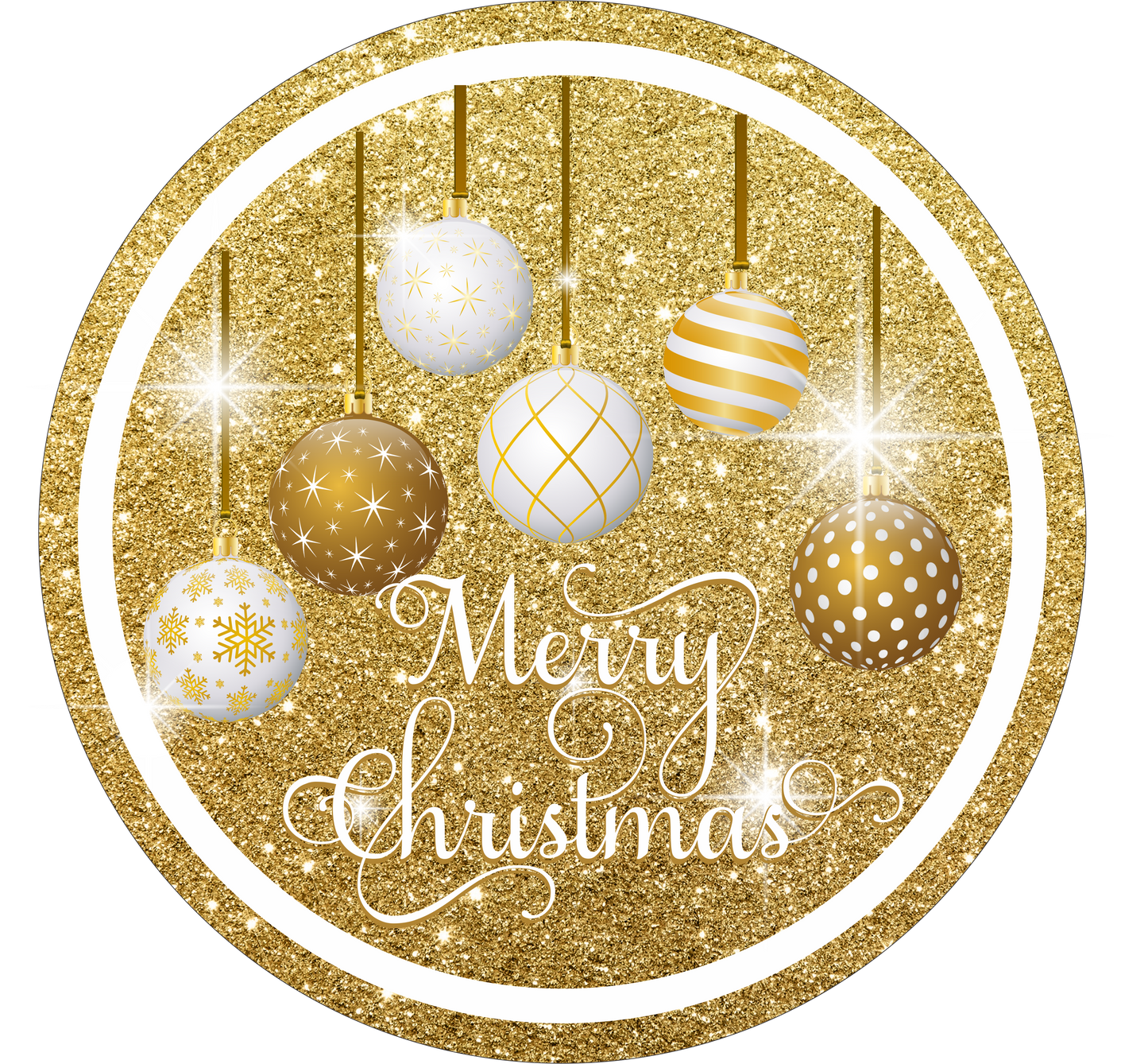 White and Gold Ornament Christmas wreath Sign Round