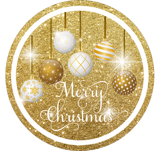 White and Gold Ornament Christmas wreath Sign Round