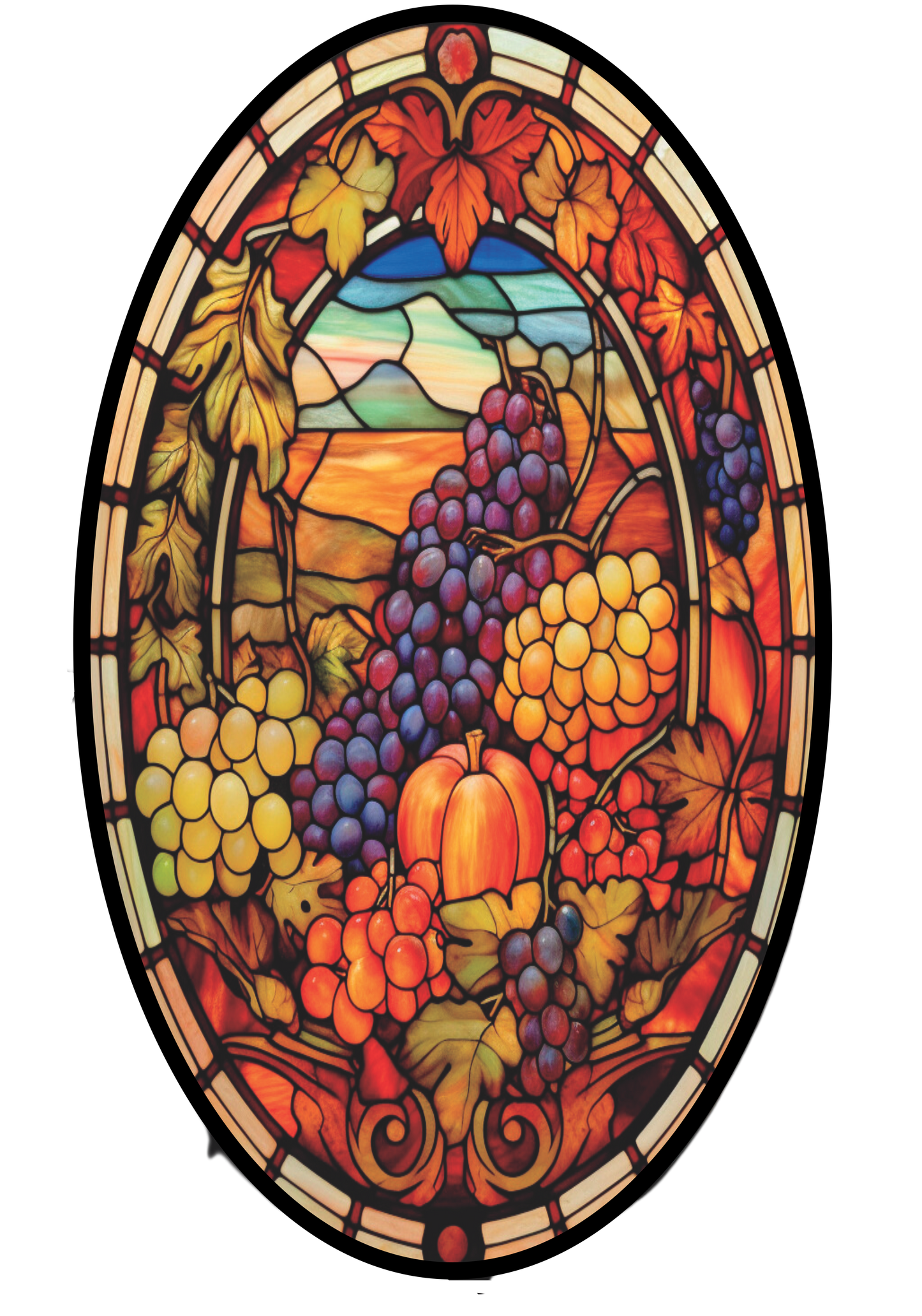 Pumpkins, leaves and grapes faux stained glass Oval Sign