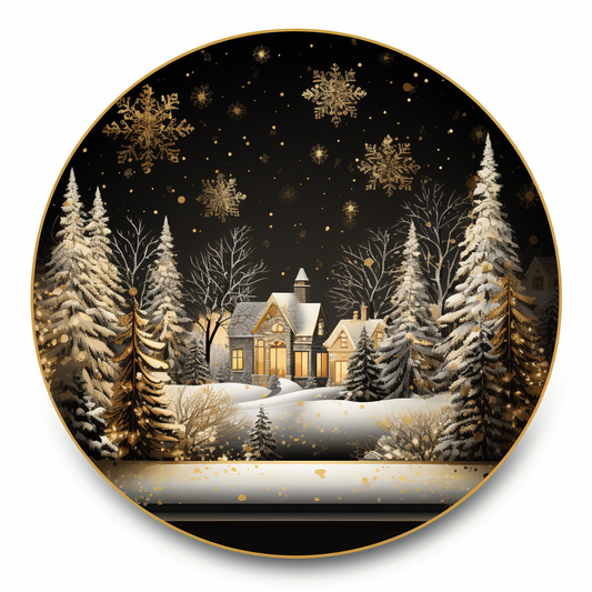 House in Snow with black and gold wreath Sign Round