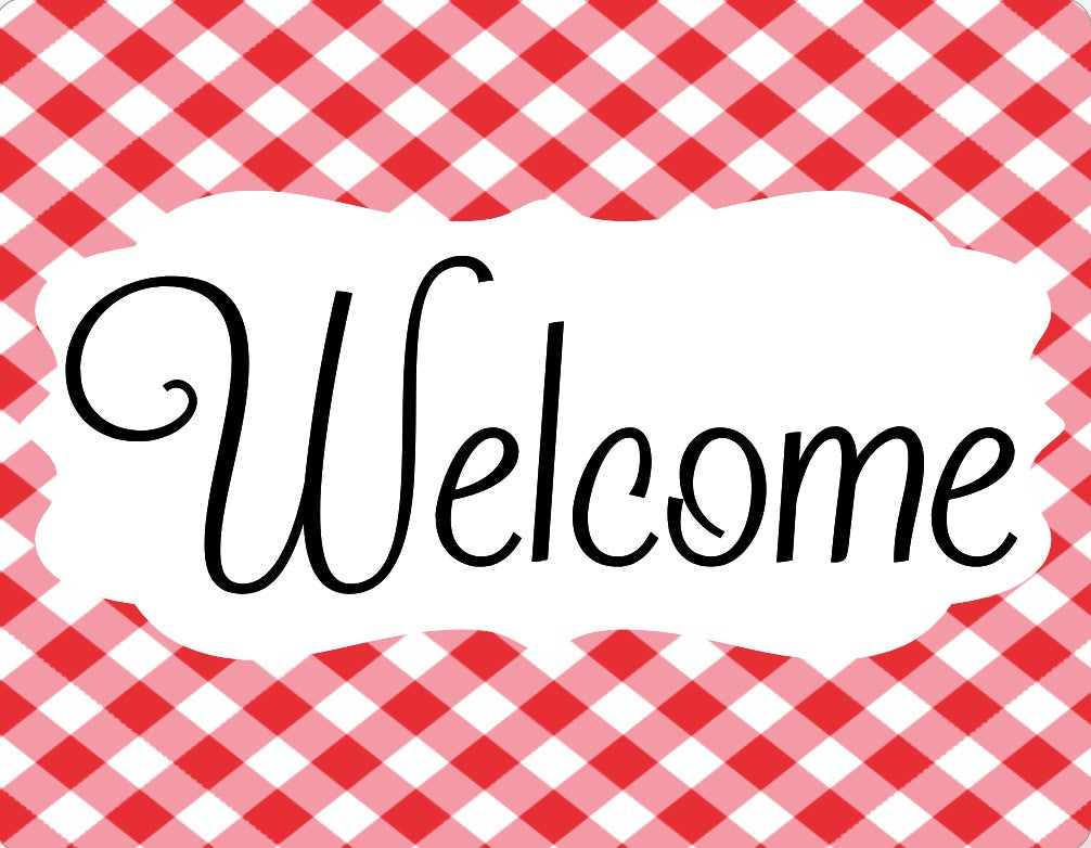 Red and white Plaid welcome sign
