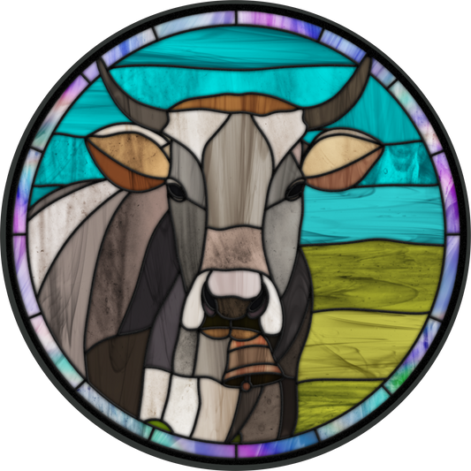 Cow with horns stained glass Look Wreath Sign Round